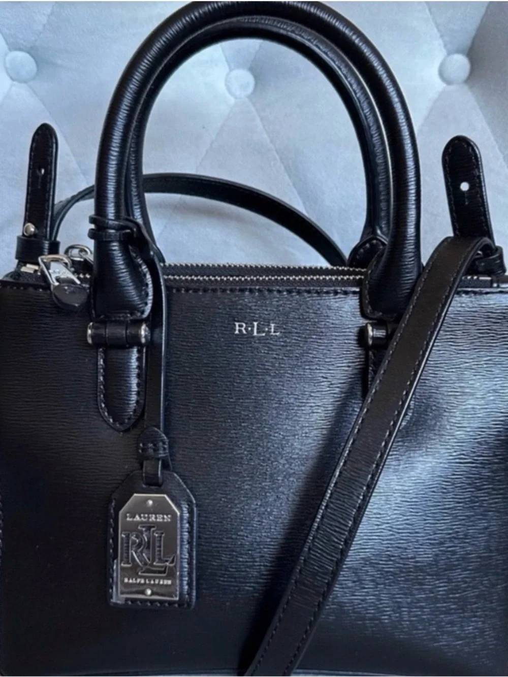 RALPH LAUREN NEWBERY DOUBLE ZIP SATCHEL BAG IN BLACK STRUCTURED LEATHER